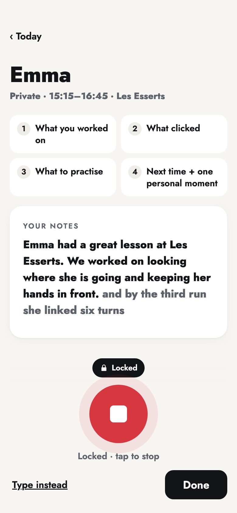 The instructor app recording a voice note