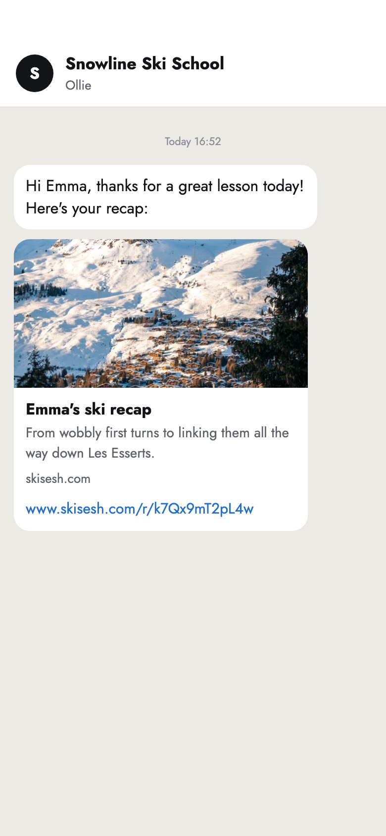 A recap link arriving in a chat, with a preview card